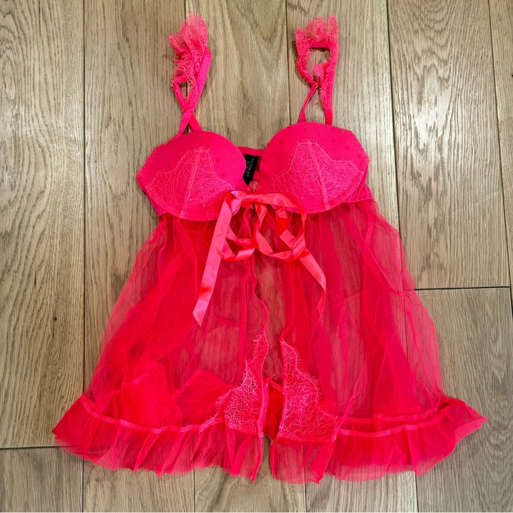Vintage Victorias Secret Open Front Lingerie Pink 34B Lace Polka Dot